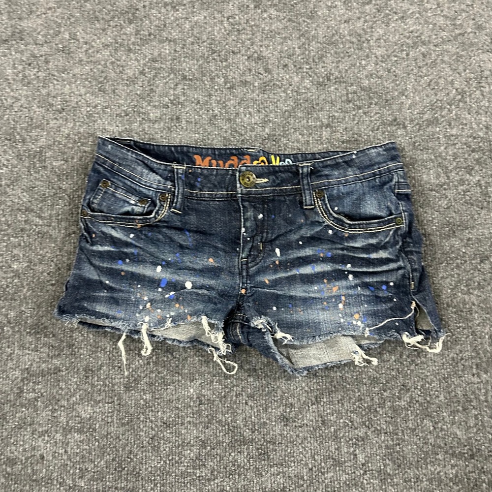 Mudd Denim Shorts Womens Size 7 Dark Wash Paint Splatter Raw Hem Casual Stretch